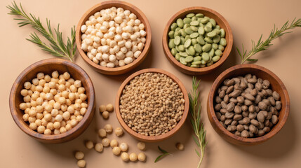Obraz premium Natural ingredients healthy food seeds bowls wooden green beige organic plant based nutrition culinary herbs grains wholesome vegetarian diet