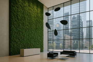 Spacious Minimalist Lobby With Green Wall Modern Seating And Floor To Ceiling Glass Windows