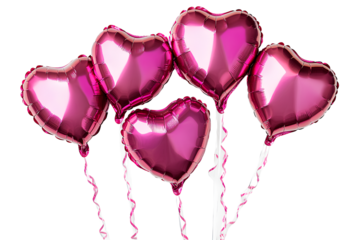  5 pink heart shaped balloons on white background, digital art photo style