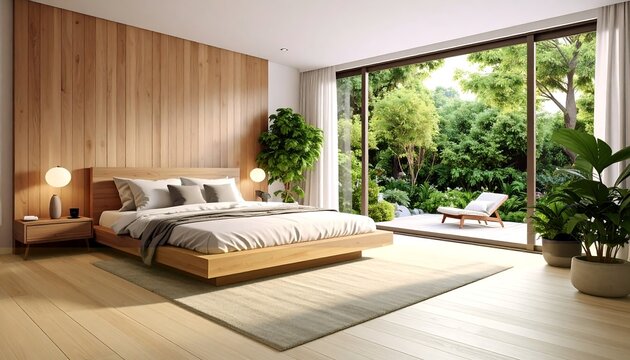 Modern bedroom with a garden view