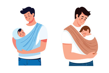 Fototapeta premium Father holding baby in sling, heartwarming moment in vector minimalism, soft tones, white background