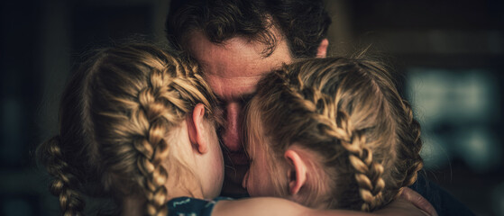 A father embracing his two daughters with blonde braided hair in a close affectionate hug indoors
