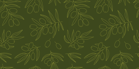 Linear olives seamless pattern. Decorative hand drawn olive leaves and berries. Outline botanical drawing. Background, wallpaper, digital paper. Greek, Italian, Spanish farming. Vector.