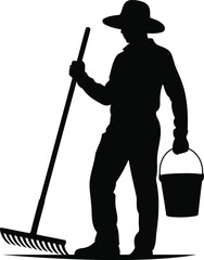 Silhouette of a Farmer Holding a Rake and Bucket, Transparent Background.