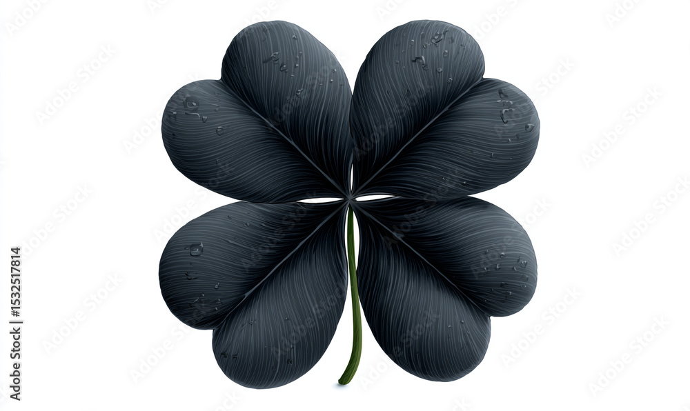 Poster a dark four leaf clover with a green stem isolated on a white background in a centered composition