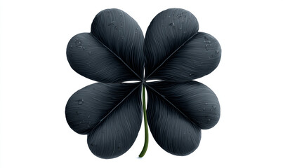 A dark four leaf clover with a green stem isolated on a white background in a centered composition