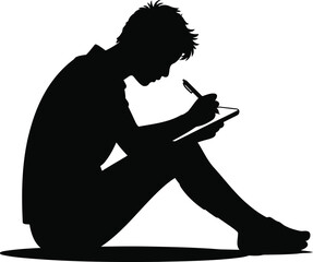 Silhouette of a Person Writing or Sketching, Transparent Background.