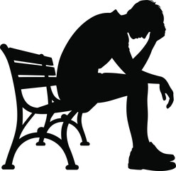 Silhouette of a Person Sitting on a Bench with Head Down in Thought, Transparent Background.