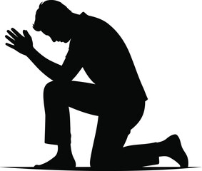 Silhouette of a Person Kneeling in Prayer, Transparent Background.