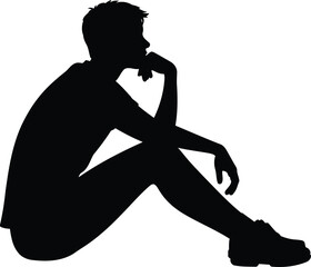 Silhouette of a Person Sitting in Deep Thought, Transparent Background.