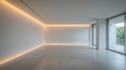 Minimalist Interior Room White Walls Concrete Floor Recessed Lighting Large Windows image