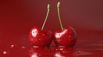 Two glossy red cherries with stems, covered in droplets, against a red backdrop