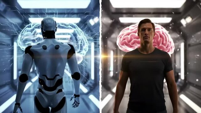 Robot and man with glowing brains in futuristic tunnel. Artificial intelligence versus human intelligence in technology conceptual footage.