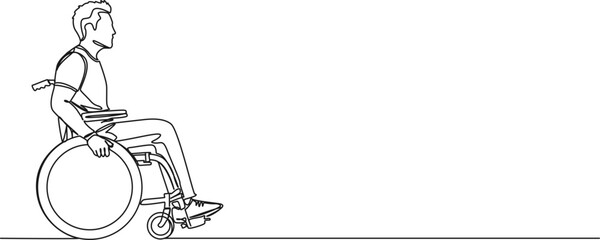 continuous single line drawing of man in wheelchair, line art vector illustration
