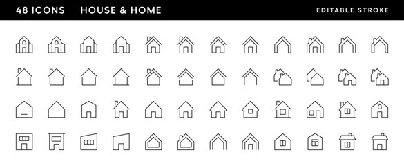 House icon collection. Townhouse, habitation, cottage, house exterior, premises, real estate and more. Editable stroke. Pixel Perfect. Grid base 32 x 32.