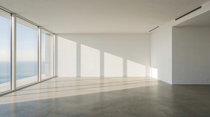 Minimalist Room Ocean View Sunlight Concrete Floor White Walls Large Windows image