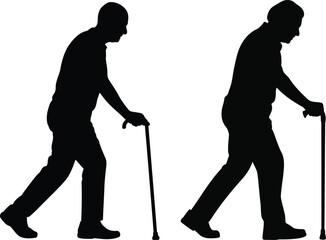 Silhouette of Two Elderly Men Walking with Canes, Transparent Background.