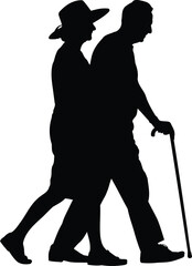 Silhouette of an Elderly Couple Walking Together, Transparent Background.