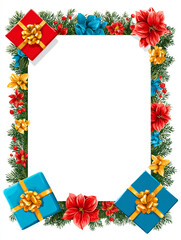 Festive frame with gifts flowers and greenery surrounding a blank white space for text or images