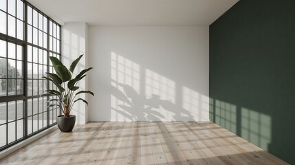 Minimalist Room Interior Sunlight Green Wall Plant Potted Wood Floor Large Window shadows