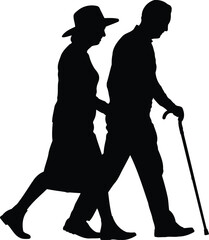 Silhouette of an Elderly Couple Walking Together, Transparent Background.