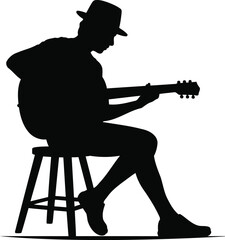 Silhouette of a Person Playing Guitar on a Stool, Transparent Background.