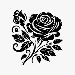 Exquisite blooming rose silhouette logo with intricate petals and elegant swirling leaves in detailed monochrome vector