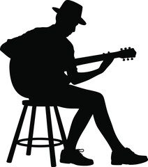 Silhouette of a Person Playing Guitar on a Stool, Transparent Background.