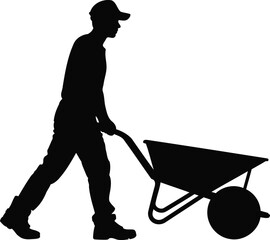 Silhouette of a Worker Pushing a Wheelbarrow, Transparent Background.