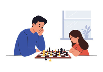 Father and child playing chess at home, stylized flat vector, board game theme, white background