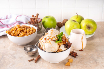 Homemade apple pie ice cream. Bowl of traditional autumn apple pie or strudel gellato, with...