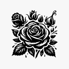 Minimalist floral logo with detailed black rose silhouette showcasing elegant unfurling petals and curling vines
