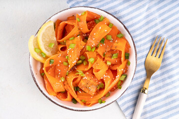 Viral trendy asian carrot salad with apple or wine vinegar, a little oil and salt, also known as...