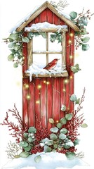 Rustic red barn window adorned with snowflakes, twinkling fairy lights, evergreen branches, holly berries, and perching sparrow capturing winter holiday warmth