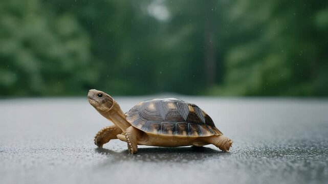 Turtle Walking on Wet Road Serene Nature Scene Showcasing Unique Shell and Calm Animal Movement in Rain