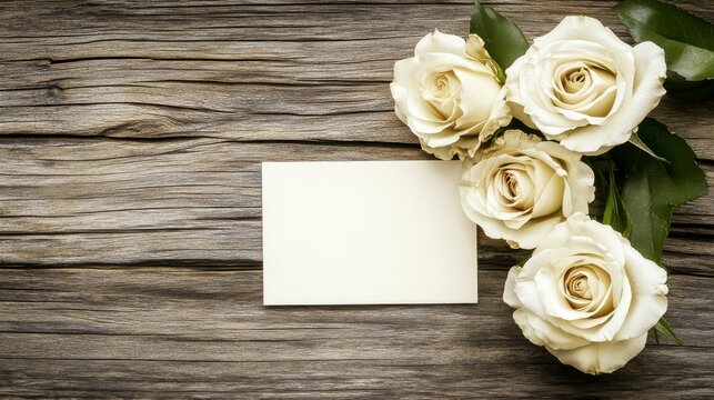 Elegant Arrangement of White Roses Beside Blank Card on Rustic Wooden Surface Perfect for Invitations, Announcements, or Personal Messages in a Natural Setting