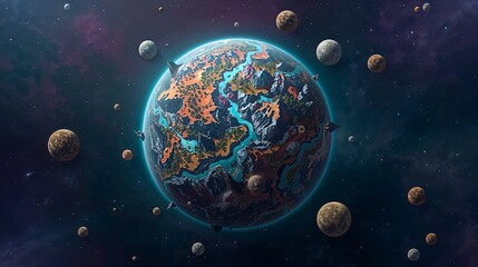 Vivid Teal Rivers Flowing Across a Fantastical Planet Surrounded by Diverse Moons in Deep Space Digital Art