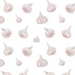  Seamless pattern with cute cartoon garlic bulbs on white background, ideal for kitchen decor, food blogs, or packaging.