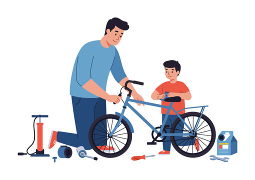 Father and son fixing bicycle together tools surrounding modern flat design isolated on white background
