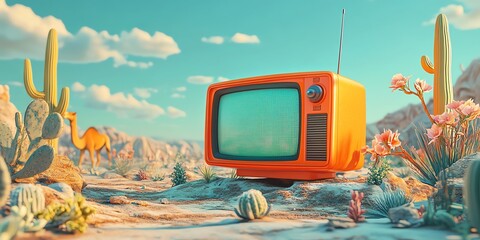 Retro TV in desert landscape. Surreal art.