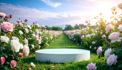 White podium in a rose garden