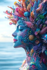 Vibrant fantasy portrait of a woman adorned with ocean-inspired art.