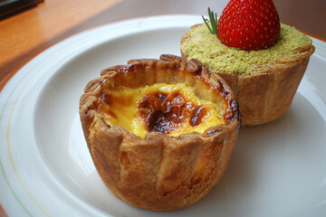 egg tart dessert coffee plate cafe strawberry