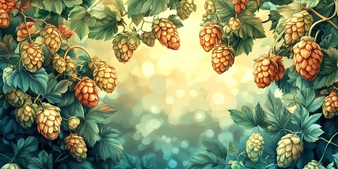 Lush hop bines, ripe cones, autumn harvest.