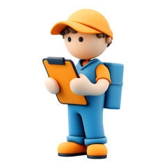 Delivery person with clipboard cartoon illustration on black background standing pose