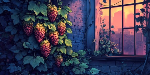 Hops growing on brick wall, sunset view.
