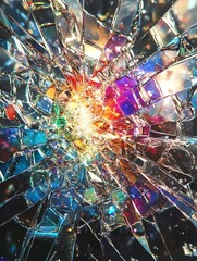 Shattered glass, rainbow colors, abstract art.
