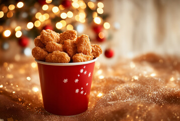 A photorealistic image of KFC chicken nuggets in a red paper bucket,  Christmas glittering backgroun chicken nuggets in a red paper bucket, Close-up photo of a small bucket filled with chicken nugget.