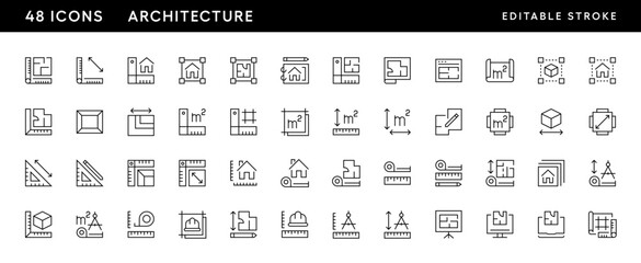 Architectural planning icon collection. Planning, scheme, dimension, project, measurement, floor plan and more. Editable stroke. Pixel Perfect. Grid base 32 x 32.