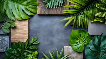 Top View of Green Plants on Mixed Textured Surfaces, such as wood, stone, fabric, and metal. Perfect for design themes, nature styling, and contrast composition
